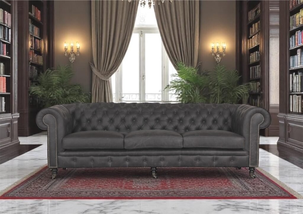 Traditional leather Chesterfield sofa in an elegant hotel-style lounge