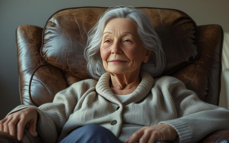 senior sitting on leather recliner