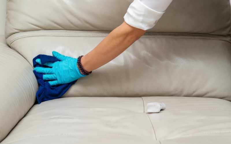 Applying leather conditioner on sofa