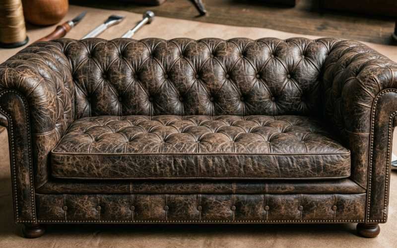 Cracked leather surface on a chesterfield sofa