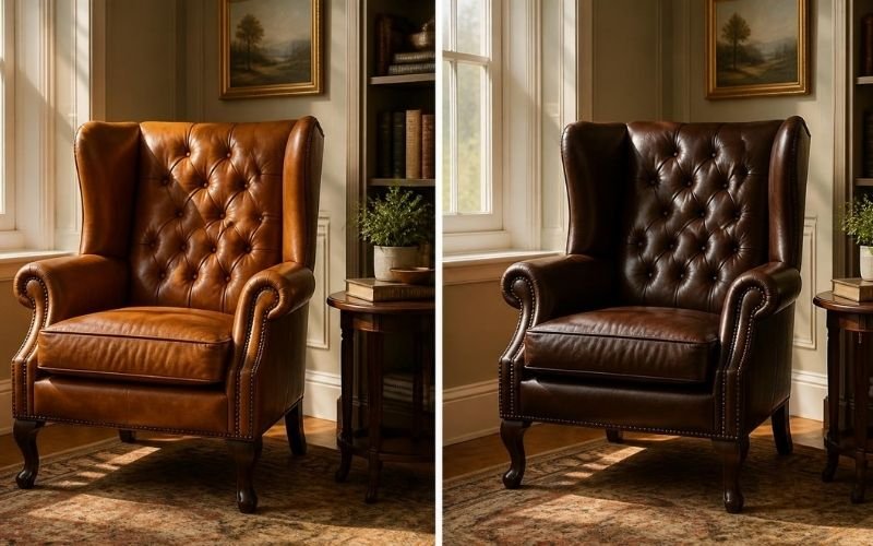 Button-tufted leather Chesterfield chair detail