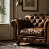 Leather Chesterfield chair in a small reading nook