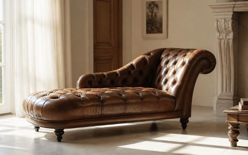 Leather Chesterfield chaise longue placed side-on to a window, out of direct sun