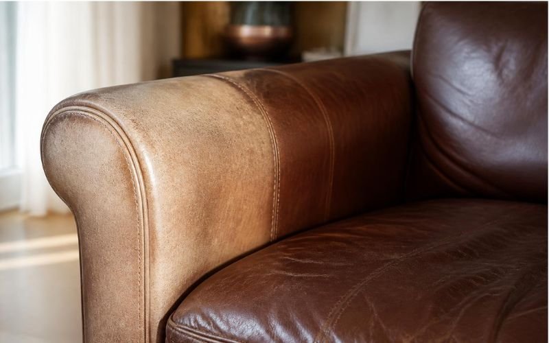 Sun-faded leather sofa arm beside darker leather protected under a cushion